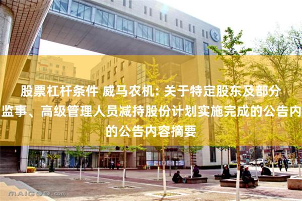 股票杠杆条件 威马农机: 关于特定股东及部分董事、监事、高级管理人员减持股份计划实施完成的公告内容摘要